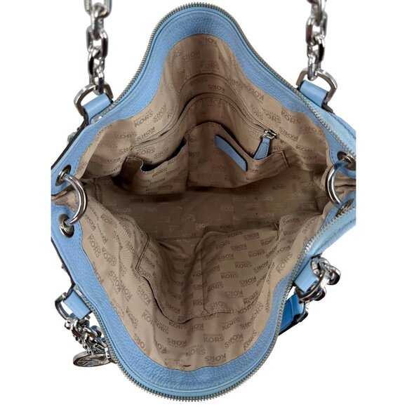 Michael Kors Blue Pebbled Leather Shoulder Bag With Chain Straps & MK Logo Charm - Picture 3 of 16